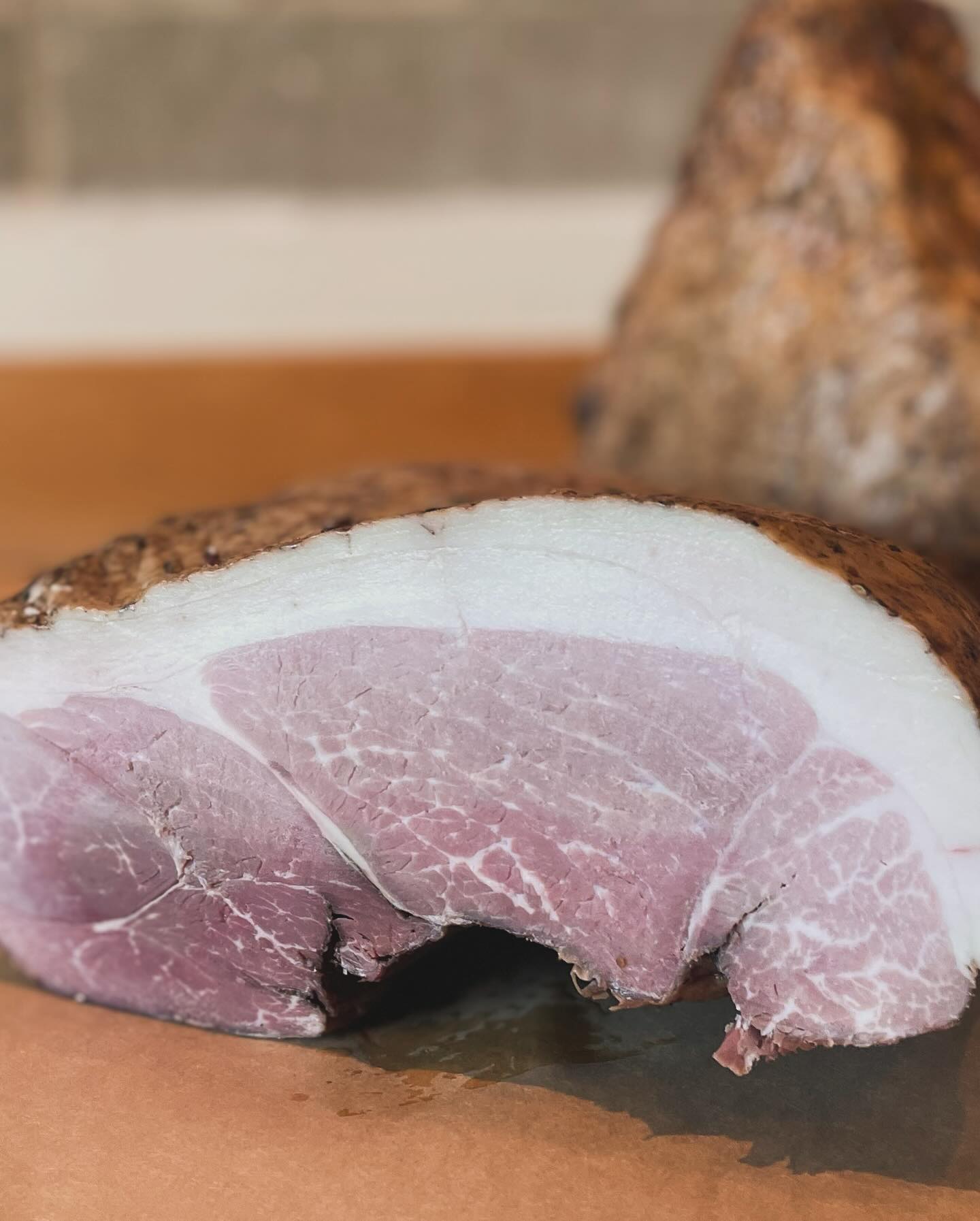 block of ham, zoomed in, with fat marbling