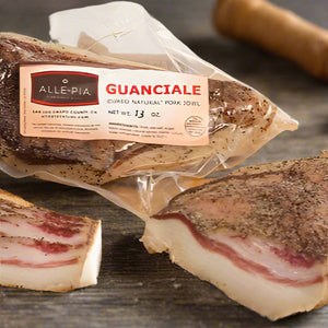 retail package of guanciale meat, aka cured pork jowl, with slices