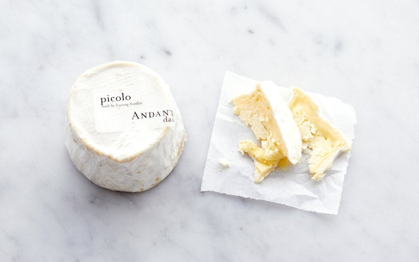 a full wheel of Andante Picolo, next to two slices on a paper