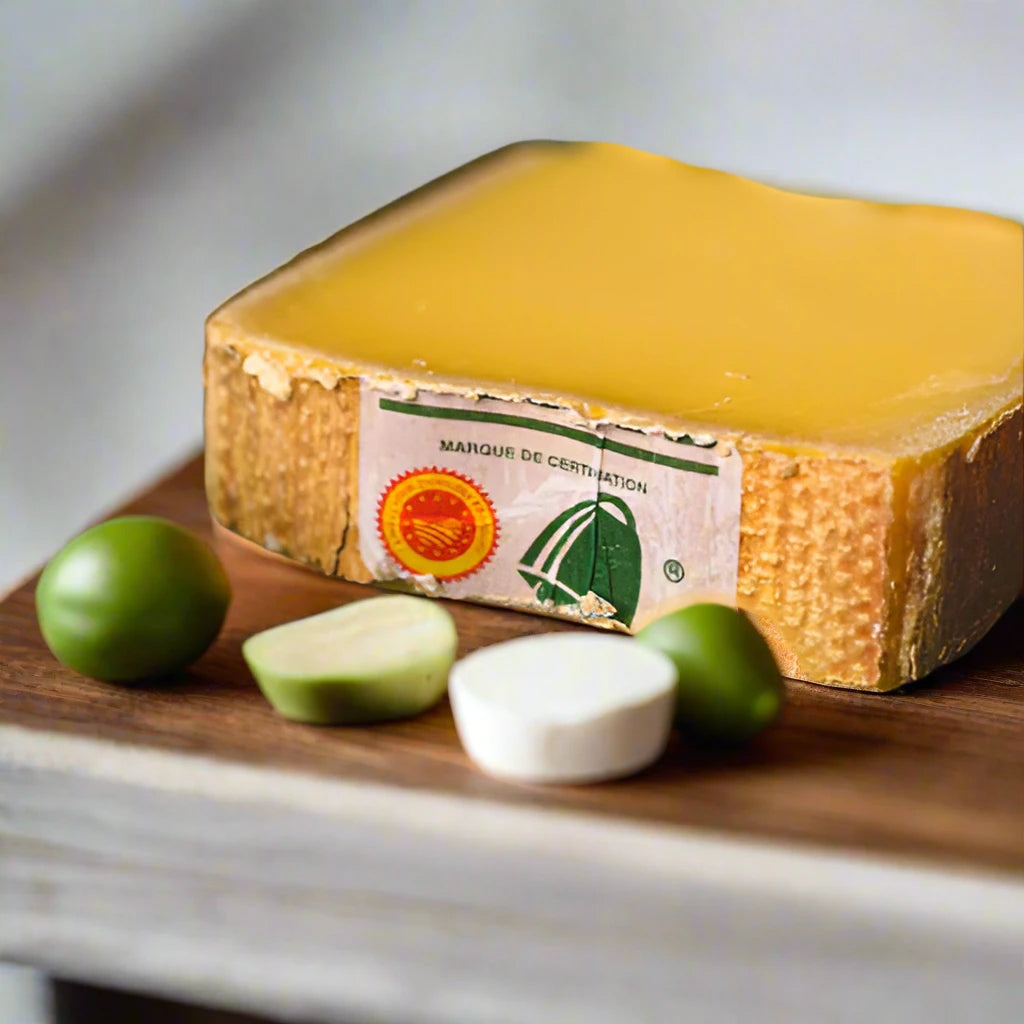 block of yellow cheese with rind, on a wooden block on a white table