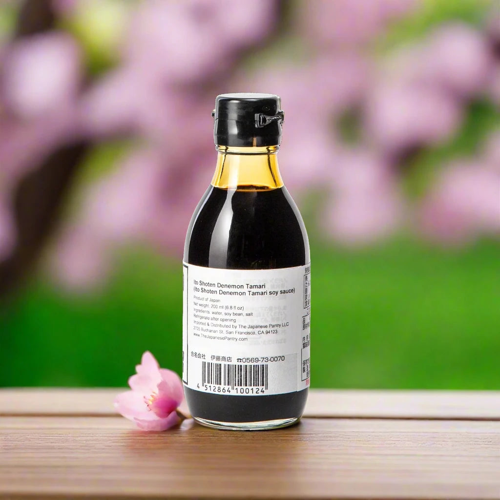 Glass bottle, tamari soy sauce, ingredients back side, japanese