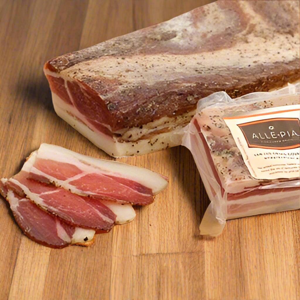 pancetta in plastic retail packaging, with slices of pancetta